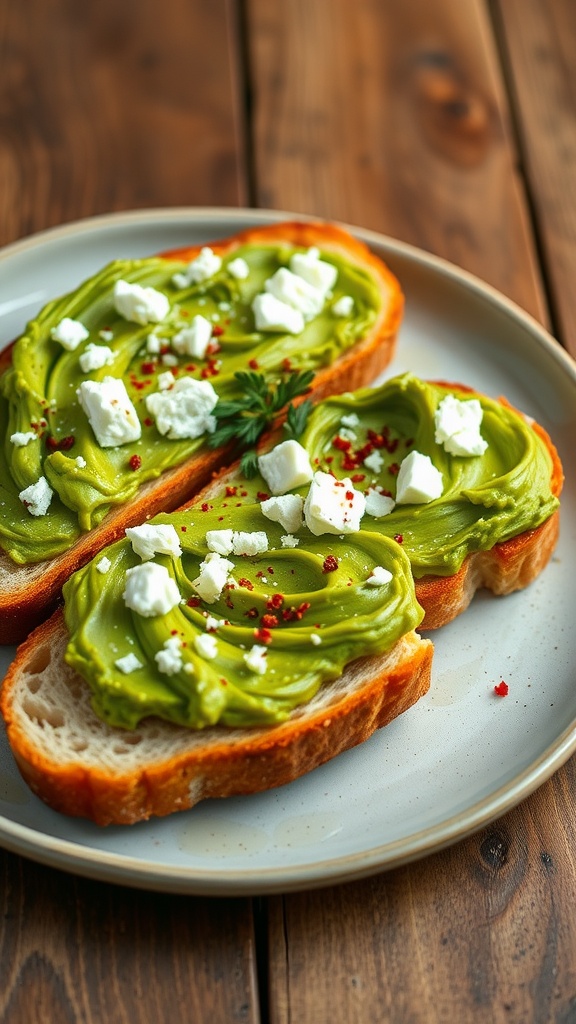 Smashed avocado and feta on toasted bread, garnished with chili flakes and herbs on a rustic table.